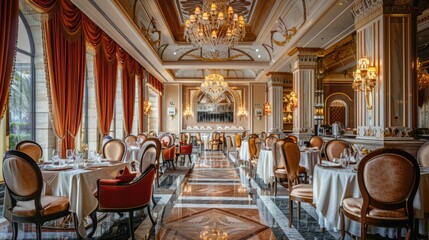 Fototapeta premium Luxurious restaurant interior with elegant table settings.