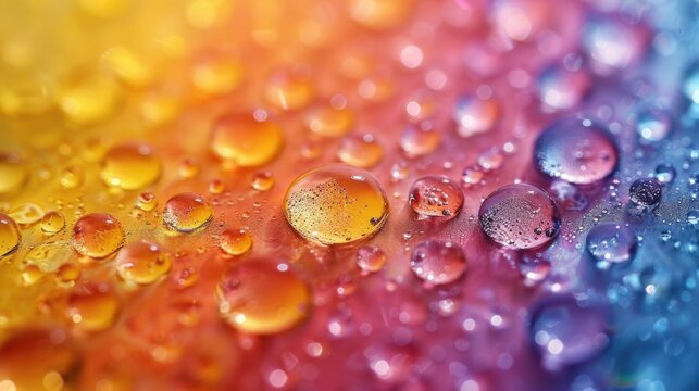 Macro shot of colorful water droplets on surface. Vivid abstract texture.