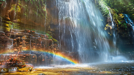 The sun illuminates the cascade creating a rainbow against the colorful rock formations and the flowing water