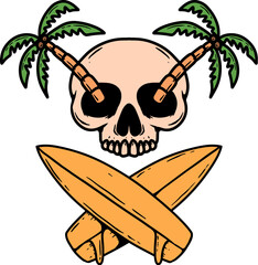 Skull with crossed surfers boards. Vector illustration - 768572577
