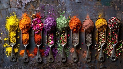 Various spices in vintage spoons on dark textured background