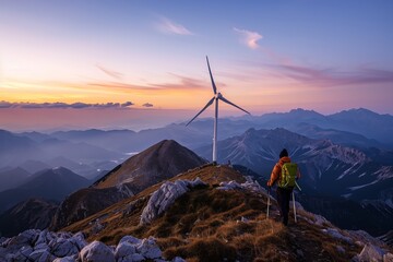 hiker reaching summit, windmill visible as day fades away - obrazy, fototapety, plakaty