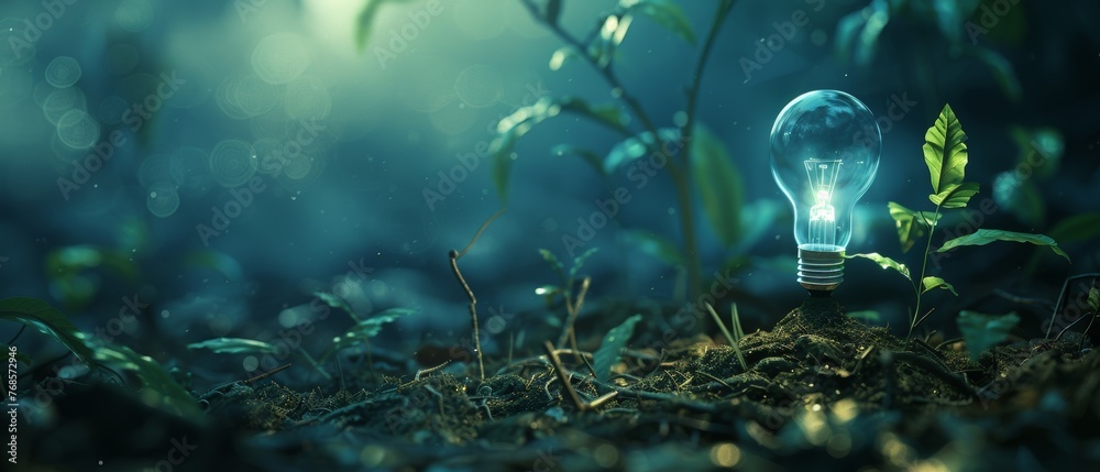 Fototapete a tree grows on a light bulb. convergence of technology and digital. network background with blue li