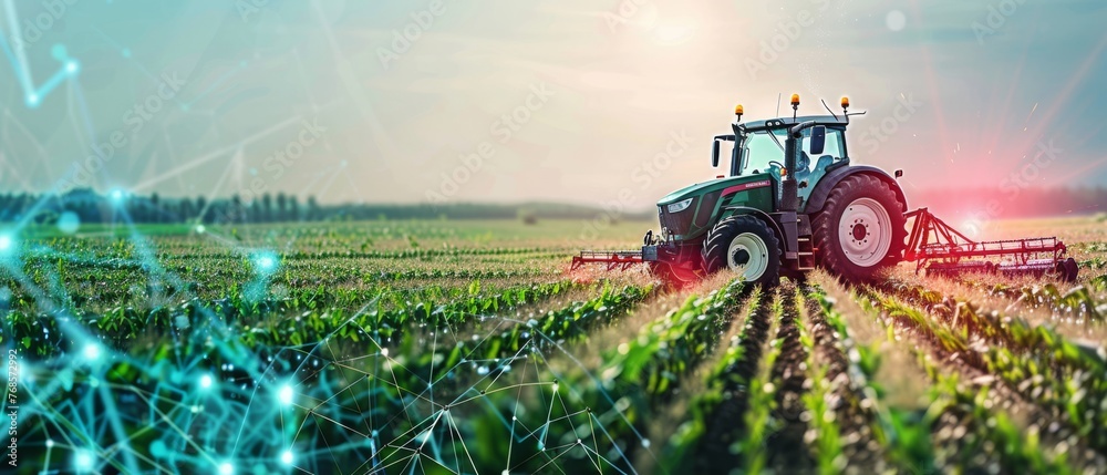 Poster An autonomous 5G tractor working in a corn field, demonstrating the future of agriculture with smart farming