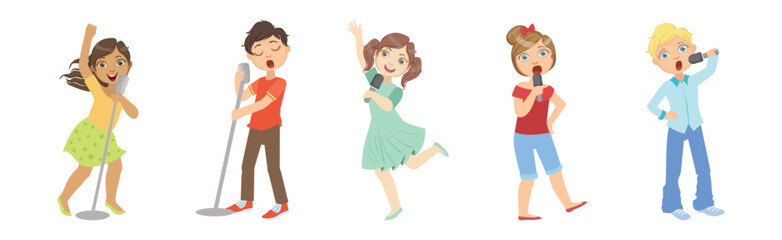 Little Children Singing with Microphone Performing on Stage Vector Set