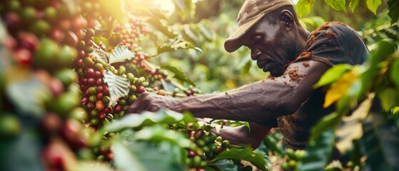 Plantation worker gathers coffee beans in bushy forest - obrazy, fototapety, plakaty