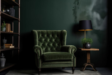Elegant green armchair in a dark moody room