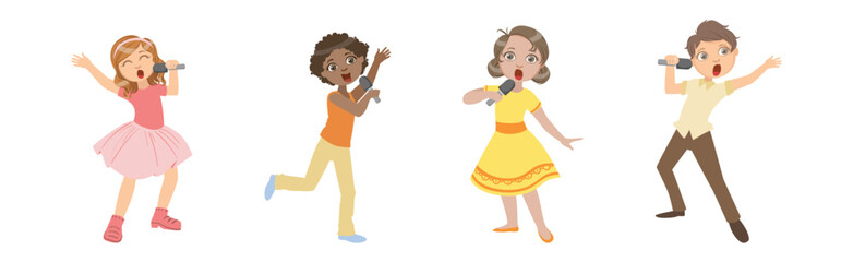 Little Children Singing with Microphone Performing on Stage Vector Set