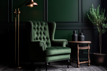 Elegant green armchair in a dark moody room