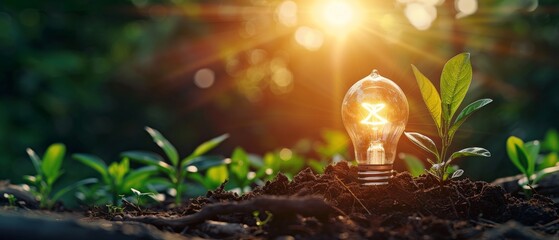 There is a light bulb located on the soil, and plants are growing by following a growth graph. Renewable energy generation is imperative in the future. Alternative sources of energy are also