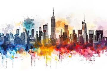 Colorful abstract art skyline of New York City, United States of America. Watercolor painting of cityscape, skyscrapers in paint. City illustration concept.