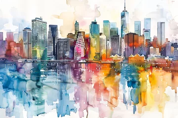 Photo sur Aluminium Peinture d aquarelle gratte-ciel Colorful abstract art skyline of New York City, United States of America. Watercolor painting of cityscape, skyscrapers in paint. City illustration concept.
