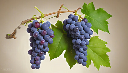 Bunch of ripe grapes with a leaf, cut out colorful background - obrazy, fototapety, plakaty