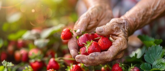 Grass-grown organic strawberries are harvested by an elderly farmer. In her hand are a handful of ripe berries. Farmer's hands pick strawberries close-up. Strawberry bushes with ripe strawberries. - obrazy, fototapety, plakaty