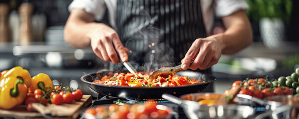 Chef in apron actively sauteing colorful bell peppers and cherry tomatoes in sizzling pan with fresh vegetables and herbs spread around countertop. Dynamic kitchen scene of healthy flavorful cooking