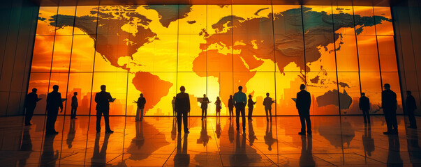Silhouettes of business professionals standing in front of large illuminated world map. Image conveys concept of global business networking and international collaboration