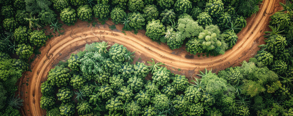 Aerial view of winding dirt road cutting through lush green forest with succulent plants showcasing contrast between rich vegetation and bare earth. Path creates natural divide in dense canopy - Powered by Adobe