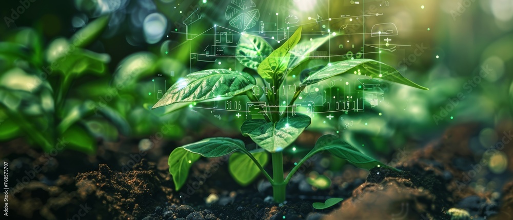 Poster 4.0-smart farming and agriculture innovation concept displayed on a young plant with a cyber display