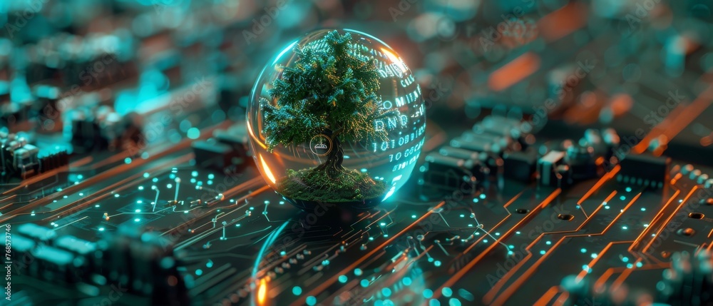Aufkleber tree growing on circuit board, background with blue light and wireframe network. concept of green co