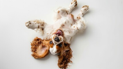 Cute English Cocker Spaniel lying on white background, top view.