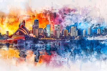 Fotobehang Aquarelschilderij wolkenkrabber Colorful abstract art skyline of Sydney, Australia. Watercolor painting of cityscape, skyscrapers in paint. City illustration concept.