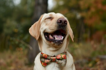 labrador wearing a silly bow tie, grinning