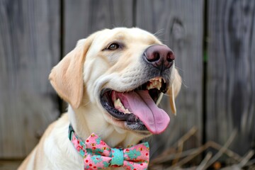 labrador wearing a silly bow tie, grinning