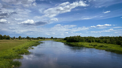 River bank, blue sky and lush green grass on a sunny summer day. - 768573790
