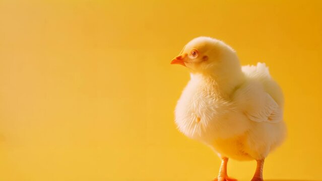 Cute baby chicken on yellow background. 4k video animation