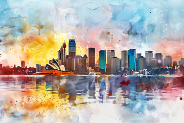 Colorful abstract art skyline of Sydney, Australia. Watercolor painting of cityscape, skyscrapers in paint. City illustration concept.