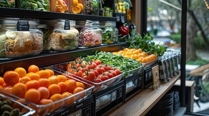 Obraz premium Modern grocery store interior with fresh fruits and vegetables on shelves.