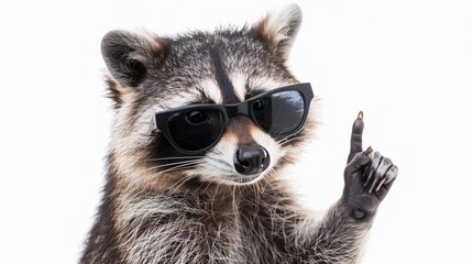 Raccoon in sunglasses isolated on white background. Studio shot.