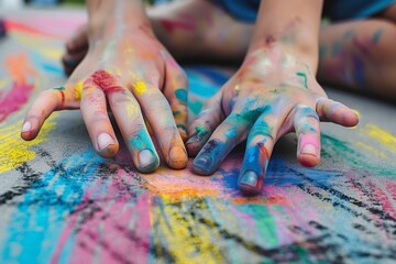 Naklejka premium chalk artist blending colors directly on their fingertips
