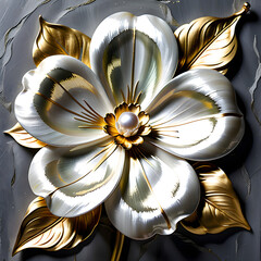 High-quality artwork mother-of-pearl silver white lacquerware and gold a flower with meticulous design by devoid of shine.(Generative AI) 