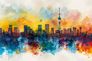 An abstract art colourful skyline of Tokyo city in Japan.