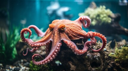Obraz premium Vivid close up of octopus in ocean depths, featuring diverse marine life for sea inhabitants concept