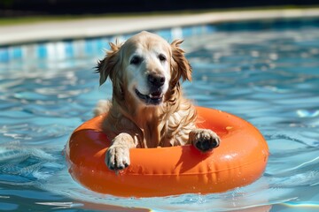 golden retriever paddling with orange swim ring in pool