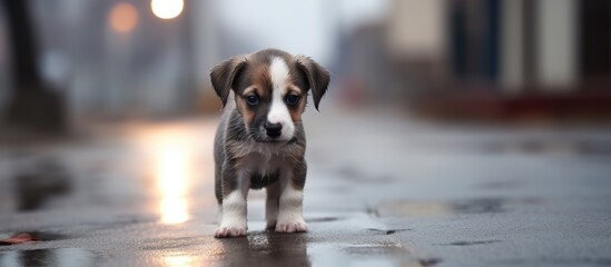 A small dog is standing on a wet sidewalk, its fur damp from the rain. The dog looks cautious as it navigates the slippery surface.