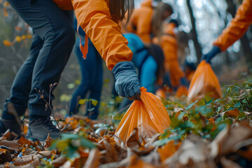 Close up of eco volunteers picking up plastic trash in a park, activists collecting garbage to protect the planet and save the environment. - obrazy, fototapety, plakaty