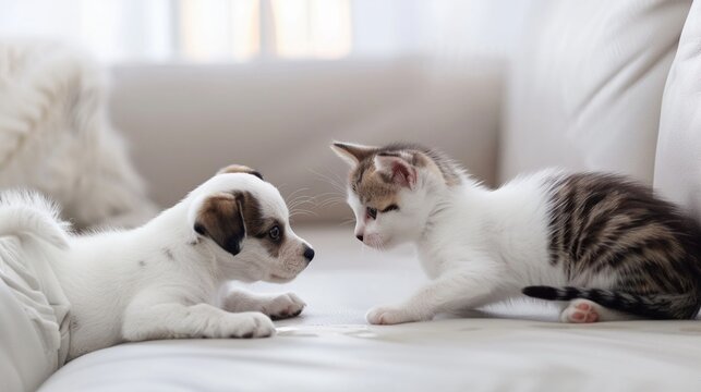 Cute kitten and puppy playing together on sofa in living room at home. Healthy and active pets.