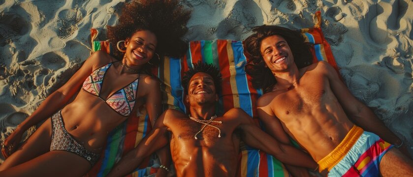 A group of multiracial friends lying on a beach towel