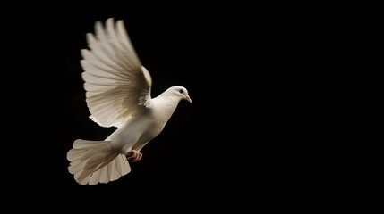 white dove flying on a black background with copy space for text.