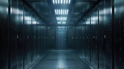 Data center server room with server racks in a corridor formation.