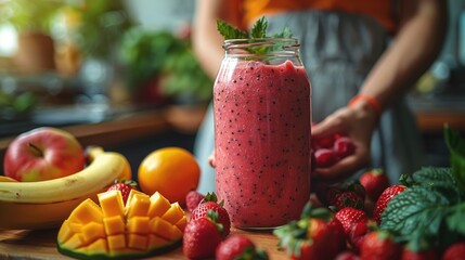Fresh fruit smoothie in a glass jar. Healthy eating and lifestyle concept.