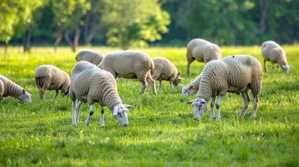 Flock of sheep grazing on a green meadow in springtime.