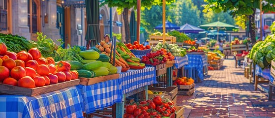 At the farmers' market, there is a sign that says FARM FRESH vegetables and fruits