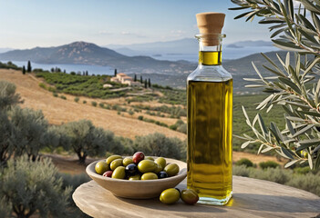 Delicious olive oil on background of picturesque olive grove colorful background - obrazy, fototapety, plakaty