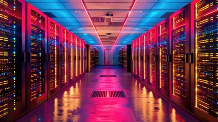 Data center with LED lights. Network server room with racks. - obrazy, fototapety, plakaty