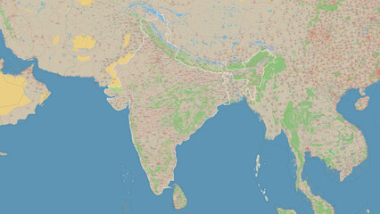 India outlined. OSM Topographic German style map
