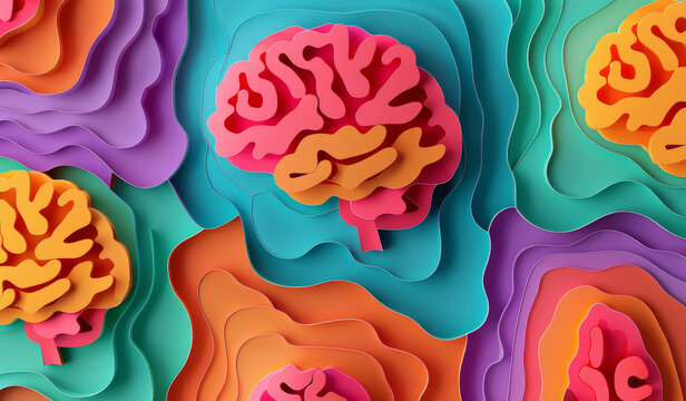 Fototapeta Abstract, brain and creative design in the style of paper for backdrop, wallpaper or graphic poster advertising with copyspace. Rainbow, layers and craft template for background or mental health